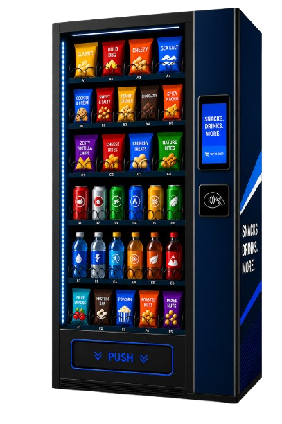 Vending machine Vending machine stocked with snacks, drinks, and tap-to-pay checkout